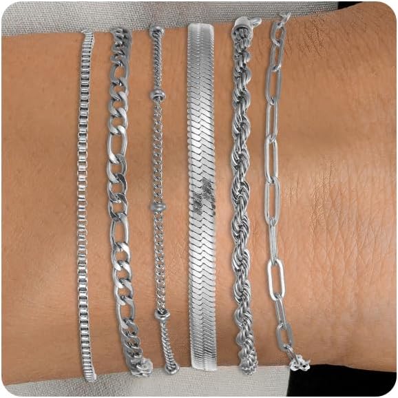 Silver and Gold Bracelets for Women Non Tarnish Waterproof Gold bracelet stack set, Adjustable 6.5"+2" Extender, Layered Bracelets for Women，Exquisite Jewelry Gift