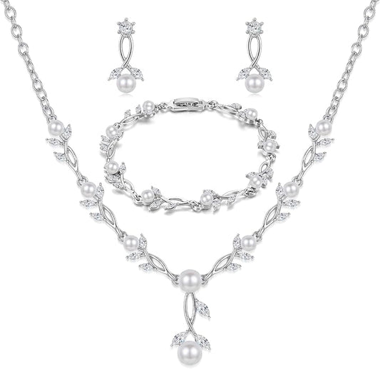 Hadskiss Wedding Jewelry Sets for Women/Brides/Bridesmaids, Cubic Zirconia Pearl Necklace Earrings Bracelet Set 18K Gold Plated Hypoallergenic Jewelry for Wedding Prom Party