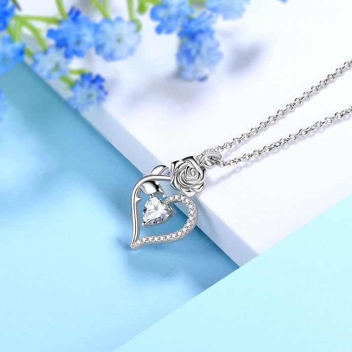 Jewmon Valentine Day Gifts for Her Rose Heart Birthstone Necklace for Women 925 Sterling Silver Birth Stone Flower Rose Necklace Anniversary Love GIfts for Girlfriend Wife Mom Birthday Gifts for Her