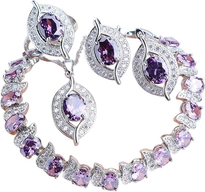 OLALACLAYCO, 4 Pcs Flower Drop Emerald Green Big Cubic Zircon Dubai Women Party Costume Jewelry Sets for Brides Wedding Luxury, Platinum Plated Jewlery Set, gifts for family and loved ones during the holidays. (Purple Zircon 925 Silver)