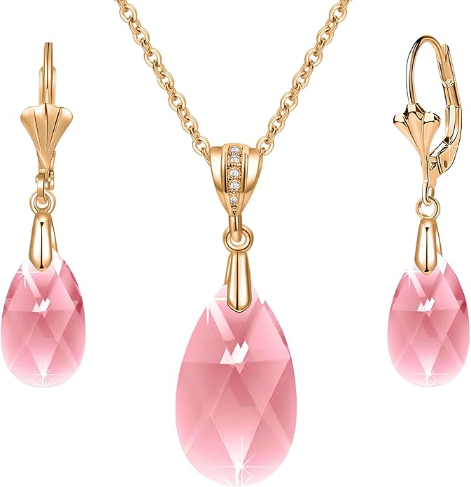 EVEVIC Austrian Crystals Teardrop Pendant Necklace Earrings for Women 14K Gold Plated Hypoallergenic Leverback Drop Dangle Earrings Jewelry Set