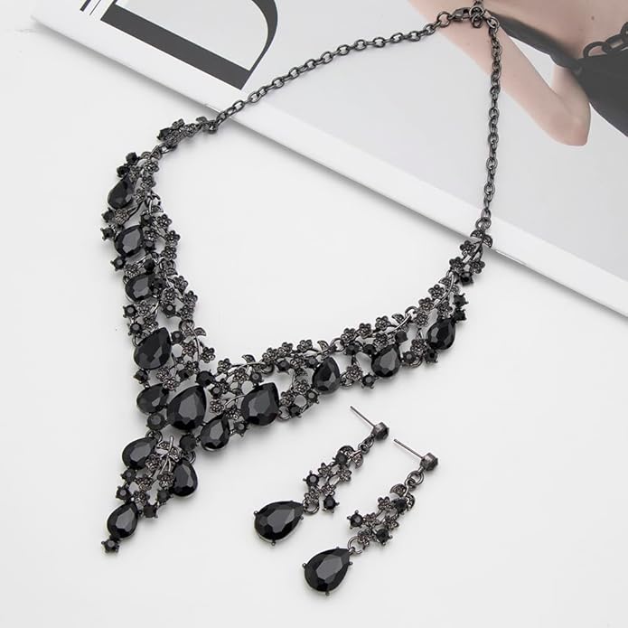 Bridal Bridesmaid Austrian Crystal Jewelry Set, Floarl rhinestone Statement Neckace Teardrop Necklace Drop Dangle Earrings Set
