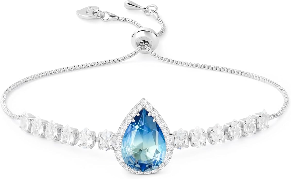 Linawe Crystal Imitation Diamond Rhinestone Charm Bracelets for Women, Gold/Silver/Rose Gold Adjustable Chain Bracelet, Teardrop Birthstone Cubic Zirconia Prom Costume Wedding Jewelry
