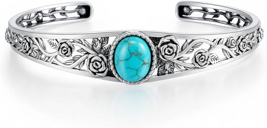 Genuine Turquoise Cuff Bracelet for Women, Sterling Silver Western Vintage Floral Bangle Native American Jewelry, For 6.5-7.5 Inch Wrists
