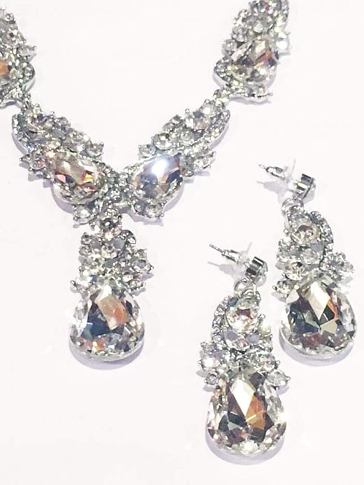 Secret for Longevity Silver Tone Antique Style Art Deco Clear Crystal Rhinestone Statement Wedding Bridal Prom Chunky Statement Earrings Necklace Gift Set