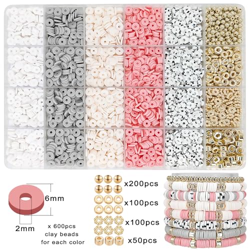 MIIIM Boho Neutral Clay Bead Bracelet Kit, Heishi Beads, Flat Clay Beads and Gold Spacer Beads for Jewelry Making, Friendship Bracelet Beads Kit for Valentine's Day, Crafts, Raves, Gifts - color: Boho Neutral