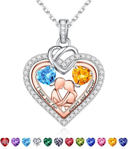 Iefil Valentines Day Gifts for Her - 925 Sterling Silver Double Heart Birthstone Necklace for Women, Anniversary Birthday Gifts for Wife I Love You Gift Couple Sitting Hugging Each Other Jewelry Gift