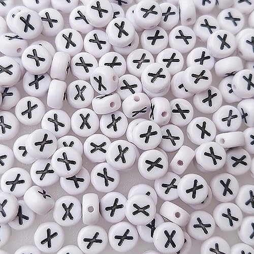 200+ Pieces 4x7mm Single X Letter Beads for Jewelry Making, White Round Acrylic Bulk Alphabet (Black on White) - size: Single letter X 200+ Pcs