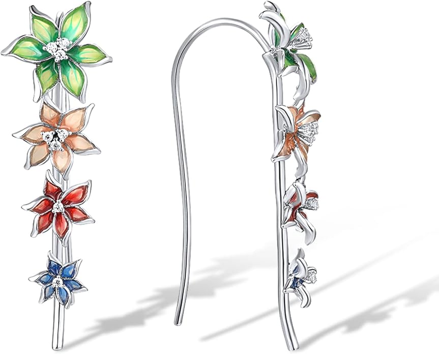 Santuzza 925 Sterling Silver Enamel Flower Ear Cuffs Climber Earrings for Women
