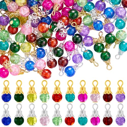 100/200Pcs Crystal Dangle Charms for Jewelry Making Bulk Small Cute Charms Transparent Glass Beads Pendants with Silver Gold Caps for Earring Necklace Bracelet DIY Supplies - color: Mix A