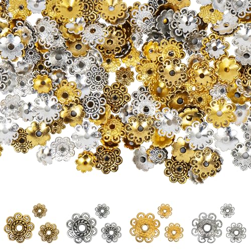 180PCS Bead Caps for Jewelry Making – 4 Finishes + 3 Sizes Each (Gold/Silver/Antique Gold/Antique Silver), Metal Spacer & Ornament Caps for Earrings, Bracelets, Necklaces and DIY Crafts