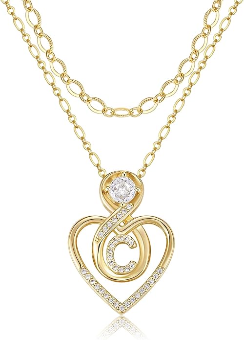 Heart Letter Necklaces for Women 14K Gold Plated Cubic Zirconia Heart Initial Layered Necklace Infinity Pendant Necklace Letter Initial Jewelry for Women