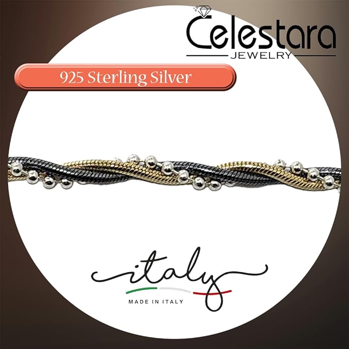 925 Sterling Silver Chain, Italian-Made Jewelry Set with Gold Tone Accent (Luxurious Leather Gift Box Included)