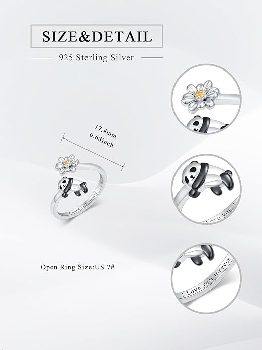 Animal Open Ring 925 Sterling Silver Koala/Panda/Highland Cow/Elephant Adjustable Ring Cute Animal Daisy Jewelry Gifts for Women