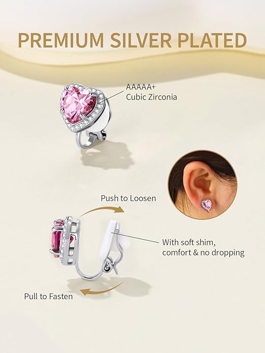 FindChic Sparkling Birthstone Clip On Earrings for Women, Silver Plated Stud Earrings 8MM Cubic Zirconia Non Pierced Studs, 12 Months Birthday Jewelry Gift