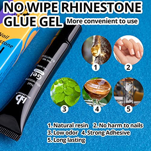 BELLEBOOST Nail Art Rhinestone Glue Gel&1 Box Flatback Gems Kit, 1 Tube of 15ml Rhinestone Gel Glue(UV/LED Needed)+Round Glass Crystal Clear Gemstones with Pickup Tools - color: A08-Clear