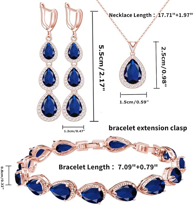 LMXXVJ Necklace Long Earrings Bracelet Set, White Gold Plated Created Blue Sapphire Jewelry Set Wedding Party Gift Jewelry for Women Bridal Bridesmaid