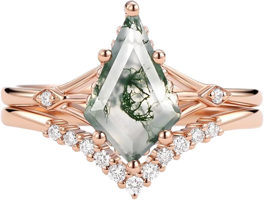Natural Moss Agate Bridal Ring Set for Women 1CT Kite-cut Moss Agate Engagement Ring Set 925 Sterling Silver 10K 14K 18K Gold Classic Wedding Ring Set