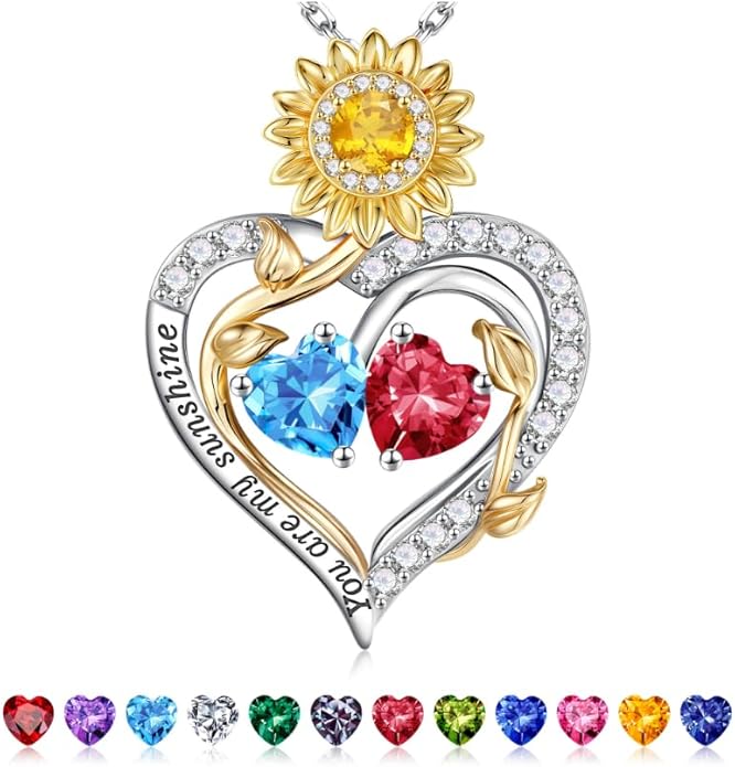 Iefil Valentines Day Gifts for Her - 925 Sterling Silver Sunflower Double Birthstone Necklace for Women, Anniversary Birthday Gifts for Wife, You Are My Sunshine Necklaces, Jewelry for Wife Mom