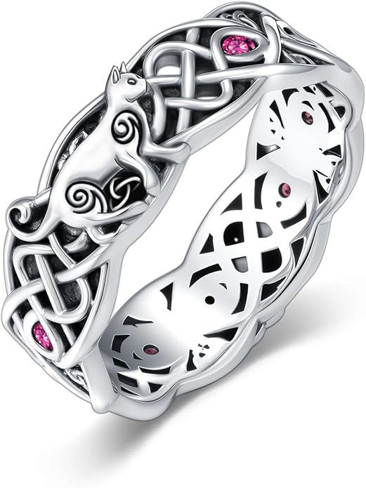 Seiyang Celtic Cat Ring 925 Sterling Silver Irish Trinity Knot Celtic Cat Wedding Promise Ring with 12 Months Birthstone Irish Lucky Jewelry Gifts for Women Mom Her