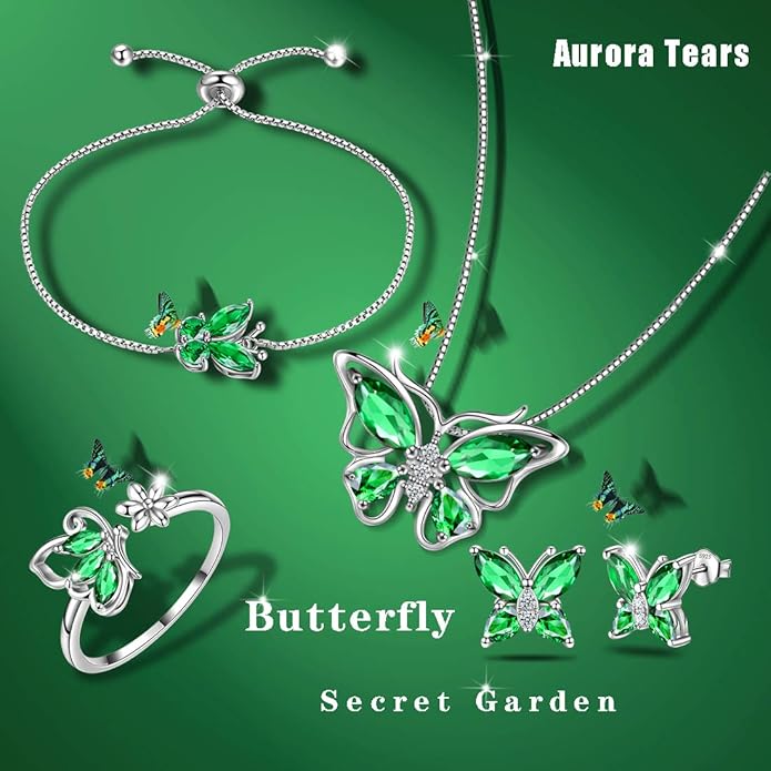 Aurora Tears Butterfly Jewelry,Women 925 Sterling Silver Butterflies Birthstone Pendant Necklace/Earrings/Rings Wedding Gift