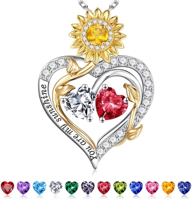 Iefil Valentines Day Gifts for Her - 925 Sterling Silver Sunflower Double Birthstone Necklace for Women, Anniversary Birthday Gifts for Wife, You Are My Sunshine Necklaces, Jewelry for Wife Mom