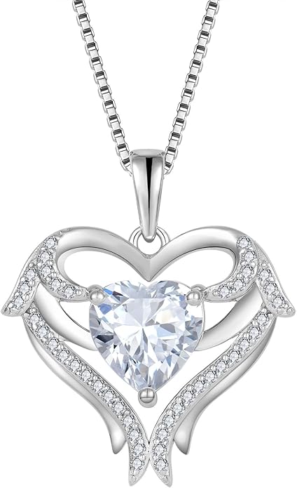 FJ Heart Angel Wings Pendant Necklace 925 Sterling Silver Birthstone Jewelry Gifts for Women