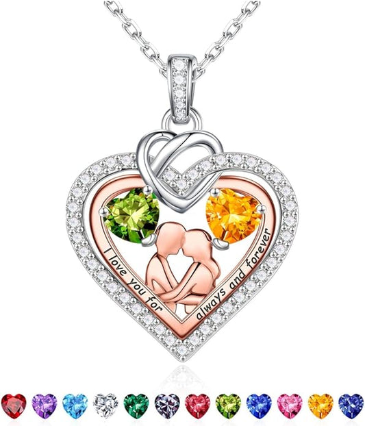 Iefil Valentines Day Gifts for Her - 925 Sterling Silver Double Heart Birthstone Necklace for Women, Anniversary Birthday Gifts for Wife I Love You Gift Couple Sitting Hugging Each Other Jewelry Gift