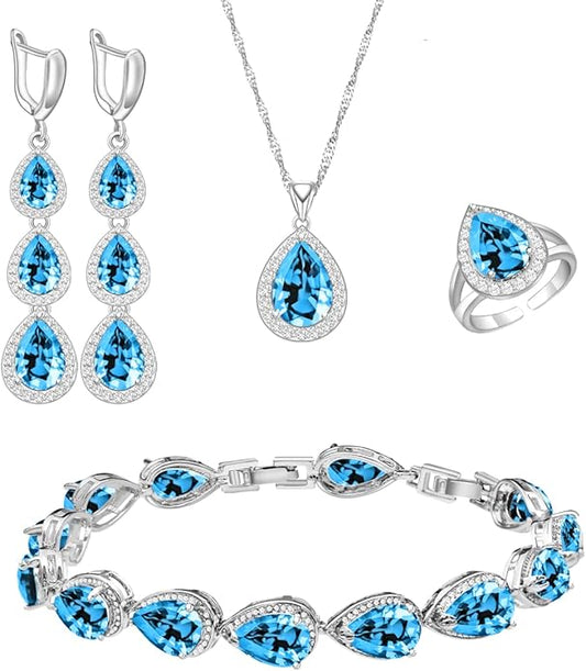 LMXXVJ Necklace Long Earrings Bracelet Set, White Gold Plated Created Blue Sapphire Jewelry Set Wedding Party Gift Jewelry for Women Bridal Bridesmaid
