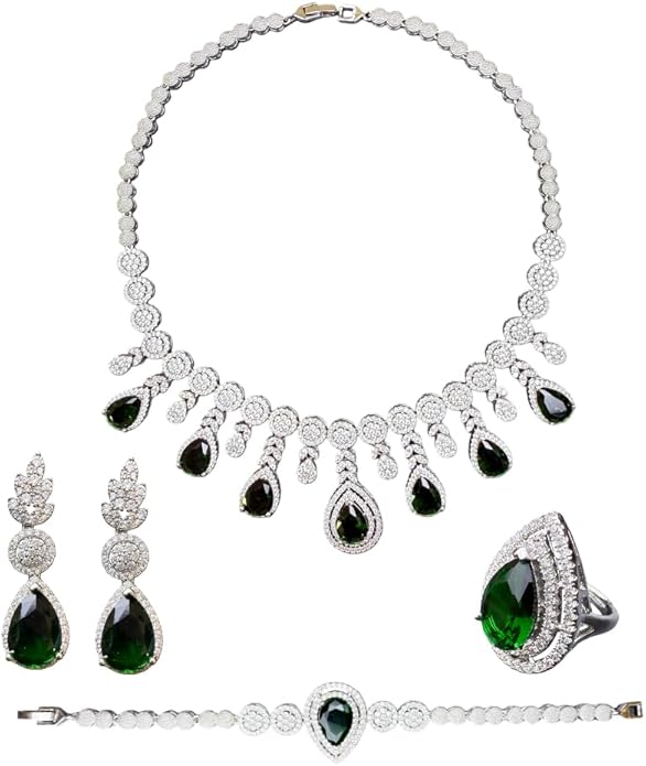 Rhinestone Wedding Bridal Jewelry Set Women's Prom Style Emerald Teardrop Necklace, Earrings, Bracelet, Ring Wedding Bridesmaid Gift Pairs With Evening Gowns