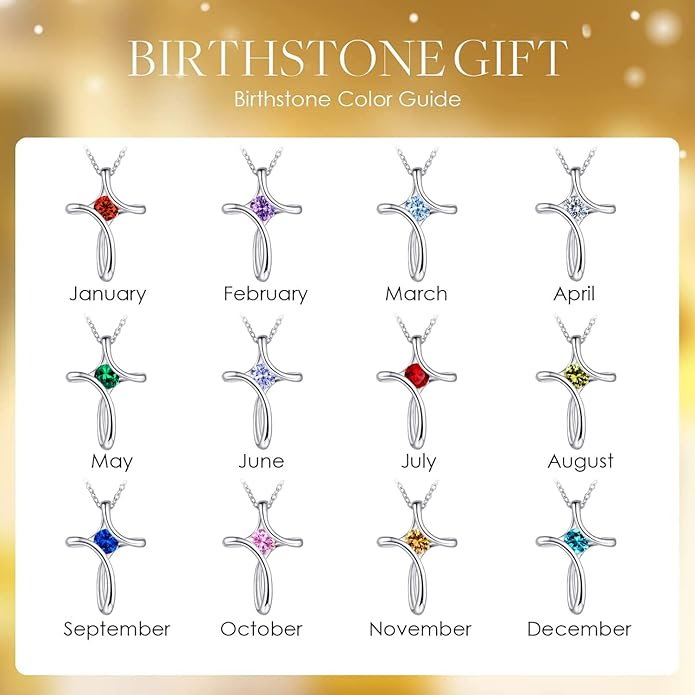 Cross Necklace for Women, 925 Sterling Silver Birthstone Necklace for Women with Diamond Sideways Cross Necklaces Birthstone Jewelry Birthday Gifts for Womens