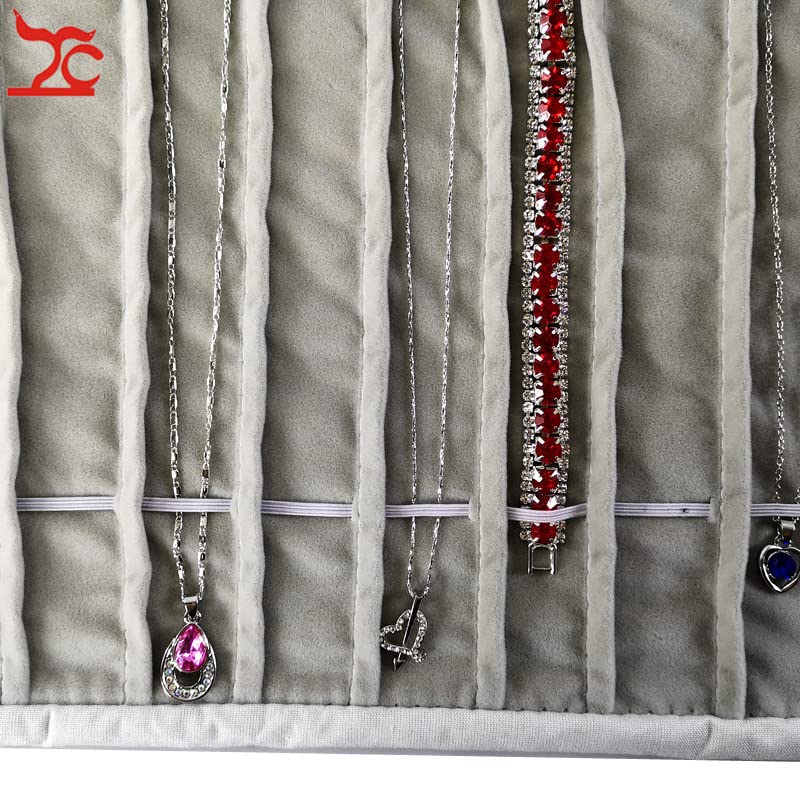 Portable Jewelry Roll Untangled Secure Necklace Travel Storage Bag Displays Holder 16 Chain (Black PU and gray velvet) - color: Black PU and gray velvet
