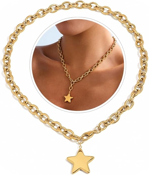 Chunky Gold Necklace with Star Pendant for Women,18K Gold Plated Stainless Steel Sweatproof Non Tarnish Hypoallergenic Chain,Trendy Chunky Necklaces for Women,Star Necklace Fashion Statement Jewelry