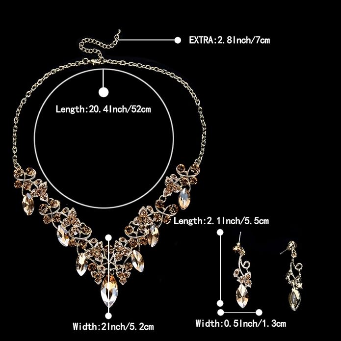 BriLove Women's Costume Fashion Crystal Floral Vine Leaf Statement Necklace Dangle Earrings Set