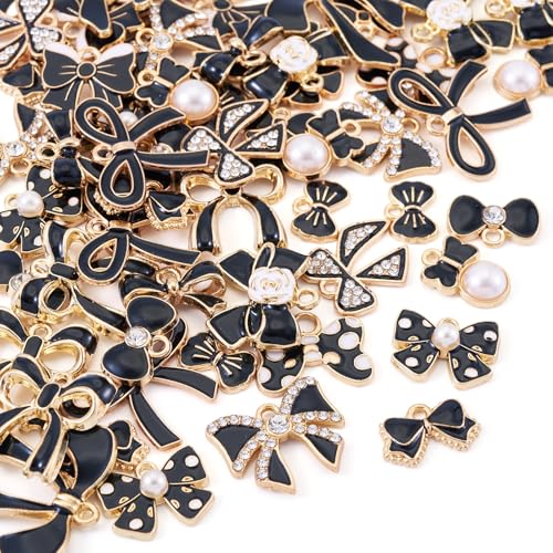 Craftdady Enamel Dangle Charms Pendant Food Animal Flower Cute Charms Colorful Metal Fruit Pendants Hang Ornament for Craft Bracelet Necklace Earring Key Chains Jewelry Making - color: Black Bowknot