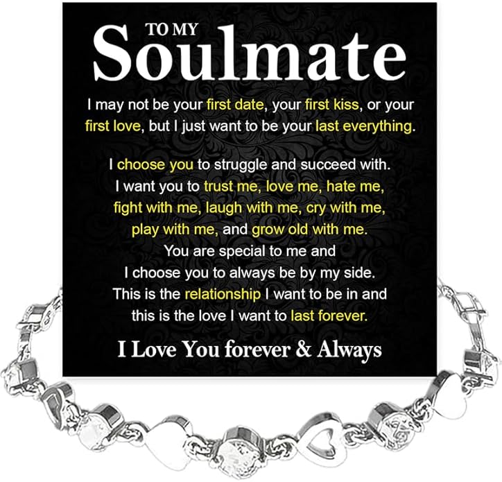 To My Soulmate Bracelet for Women, Heart Chain Bracelet with Shiny Stones, Perfect Birthday or Anniversary Christmas Gift for Soulmate with Message Card and Gift Box