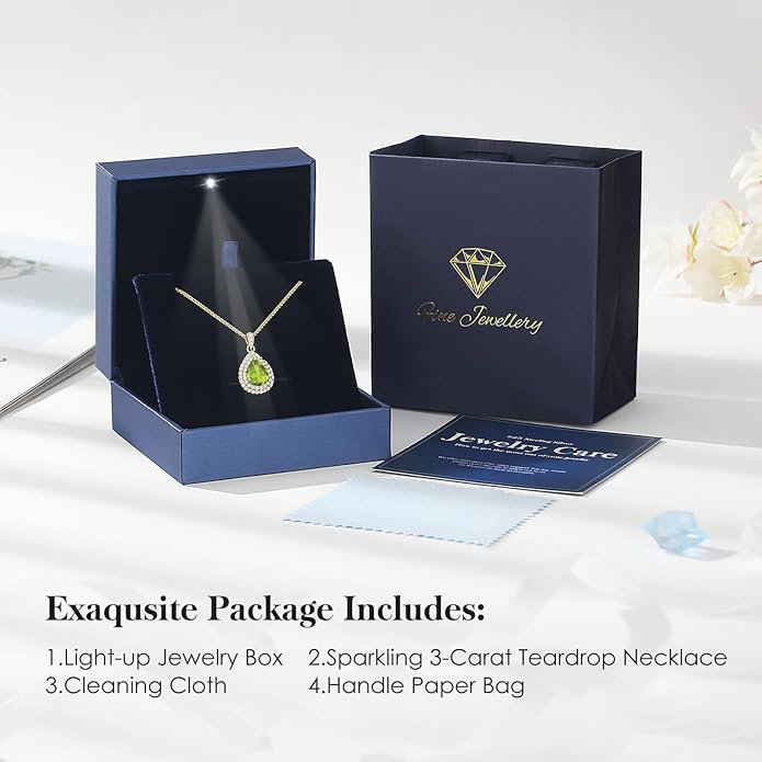 Valentine's Day Gift for Wife/Her-18K Gold Plated Teardrop Birthstone Necklace- with Light-Up Gift Box,Jewelry for Women,Anniversary Birthday Gifts for Women Her Wife Girlfriend Mom,Womens Jewelry
