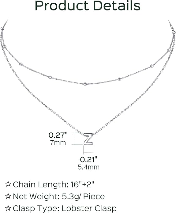 ChicSilver Layered Initial Necklace for Women, 925 Sterling Silver Personalized Letter A-Z Pendant Necklaces, Hypoallergenic Silver Choker with Adjustable 16" Rolo Chain, Dainty Birthday jewelry