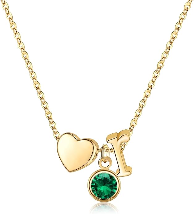 Ursilver Initial Birthstone Necklace for Women - Heart Initial Birthstone Pendant Necklace Personalized Gifts Birthday Gifts for Women