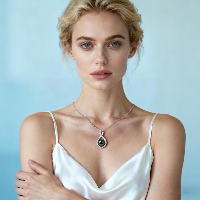 Genuine Tahitian Black Pearl Necklaces for Women, 9-12mm AAAA Seawater Pearl - Sterling Silver Moissanite Pendant, Wedding Anniversary, Birthday, Christmas Gift for Wife, Mom, Girlfriend, Fine Jewelry