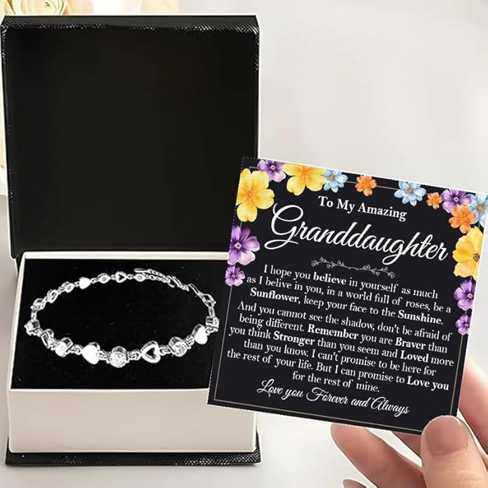 To My Granddaughter Bracelet from Grandma and Grandpa, Heart Chain Bracelet with Shiny Stones, Perfect Birthday or Graduation Christmas Gift for Granddaughter with Message Card and Gift Box