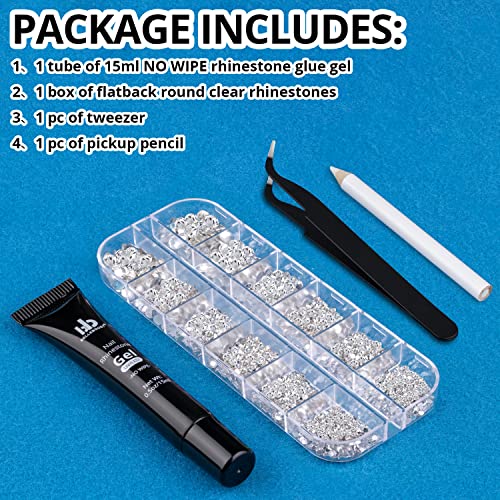 BELLEBOOST Nail Art Rhinestone Glue Gel&1 Box Flatback Gems Kit, 1 Tube of 15ml Rhinestone Gel Glue(UV/LED Needed)+Round Glass Crystal Clear Gemstones with Pickup Tools - color: A08-Clear