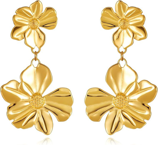 Gold Flower Statement Earrings for Women, Large Chunky Bohomian Summer Beach Floral Earring, Irregular Bold Exaggerated Earrings
