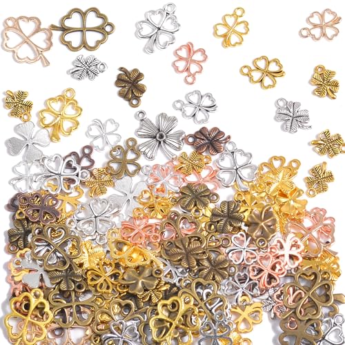 stino 100g Metal Pendant Charms for Jewelry Making, Bulk Silver & Gold Plated Charms for Braclet Necklace Crafts, Animal Plant Flower Pet and so on - color: Clovers Bronze & Gold