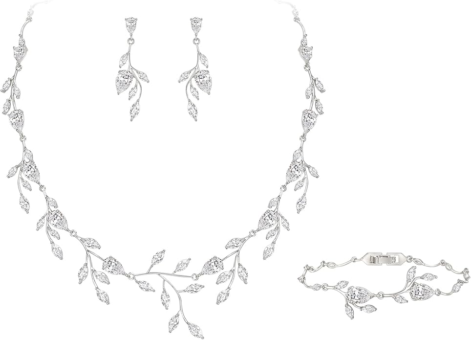 EVER FAITH Wedding Jewelry for Bride Women Bridesmaid, Sparkly Cubic Zirconia Pear-Shaped Birthstone Leaf Necklace Earrings Set for Prom