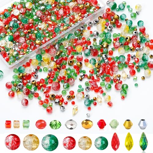 1000pcs Christmas Glass Beads for Jewelry Making Assorted Crystal Beads for DIY Crafts Bracelets Necklaces Earrings and Christmas Decorations Ornament Kits（Red Green Gold） - color: Red Green Gold