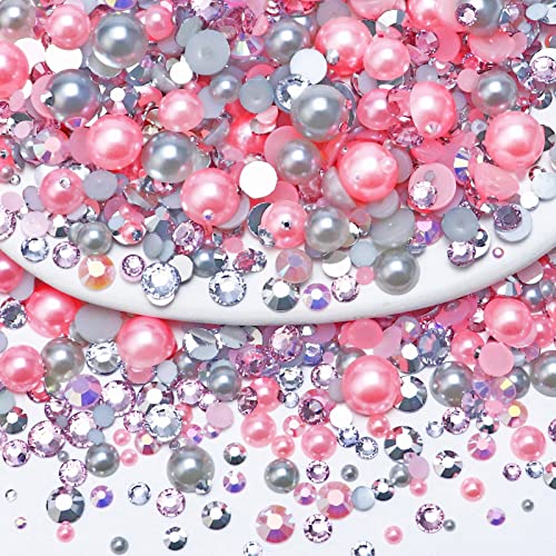 60g Mixed Pearls and Rhinestones, Flatback Rhinestones and Pearls for Nails Face Art, Crafts Tumblers Shoes, Light Pink|Light Gray|Silver - color: Pink Elephants | Mix Light Pink | Light Gray | Silver