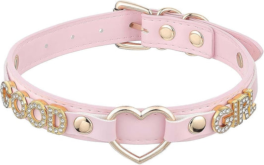 Handmade Gold Heart O-Ring Letter Choker Necklace for Women, Adjustable PU Leather Black/Pink Choker Collar For Women, Goth Choker Collars Necklace