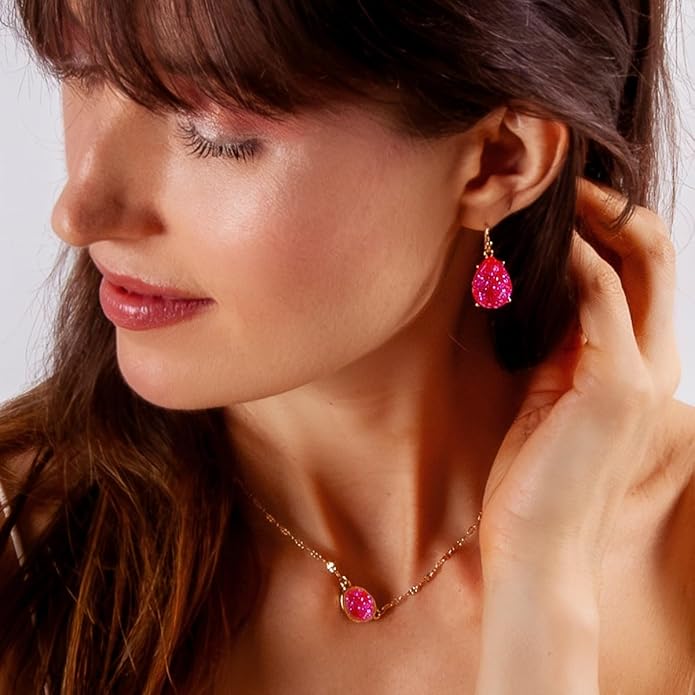 Teardrop Dangle Earrings for Women with Simulated Druzy Stones in Gold or Silver Tone