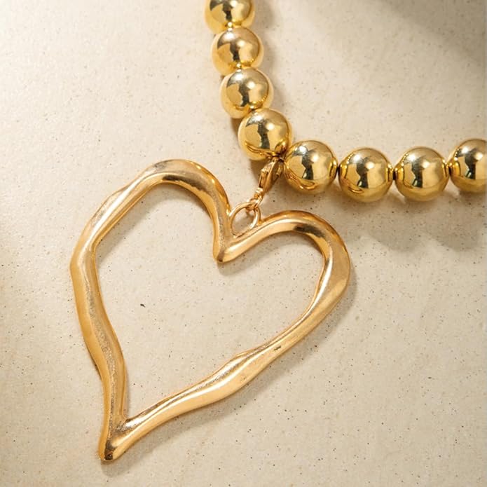 Unique Big Chunky Gold Heart Beads Necklace for Women, Charm Large Thick Hollow Love Heart Pendant Beaded Chain Choker Necklaces Party Y2K Jewelry Gift